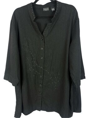 Bobbie Brooks Woman Black Linen Blend Floral Embroidered Button Down Tunic - 2X